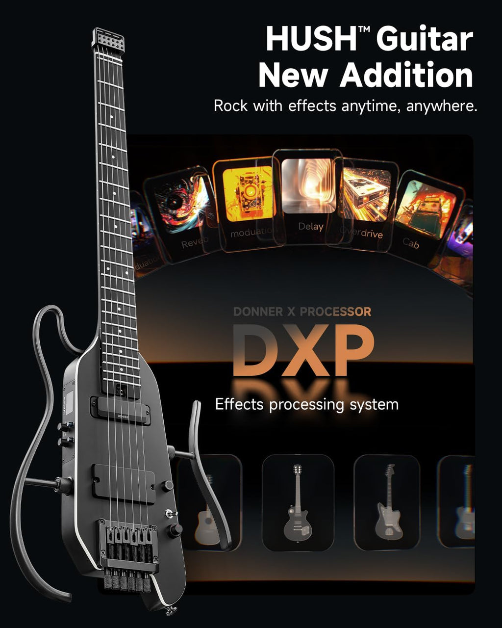Donner HUSH X PRO Electric Guitar Kit - Smart Travel Guitar with Dozens of Preset Combinations, 7 Tone Sim Options, Black