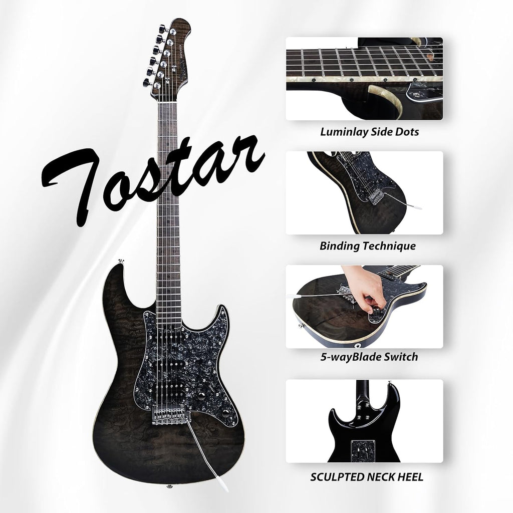TOSTAR 39inch Telecaster Solid Body Electric Guitar for Adults Professional Player,Full Size 6 string, 2-Point Tremolo, Right Handed, Roasted Canadian Flamed Maple, Glossy Finish