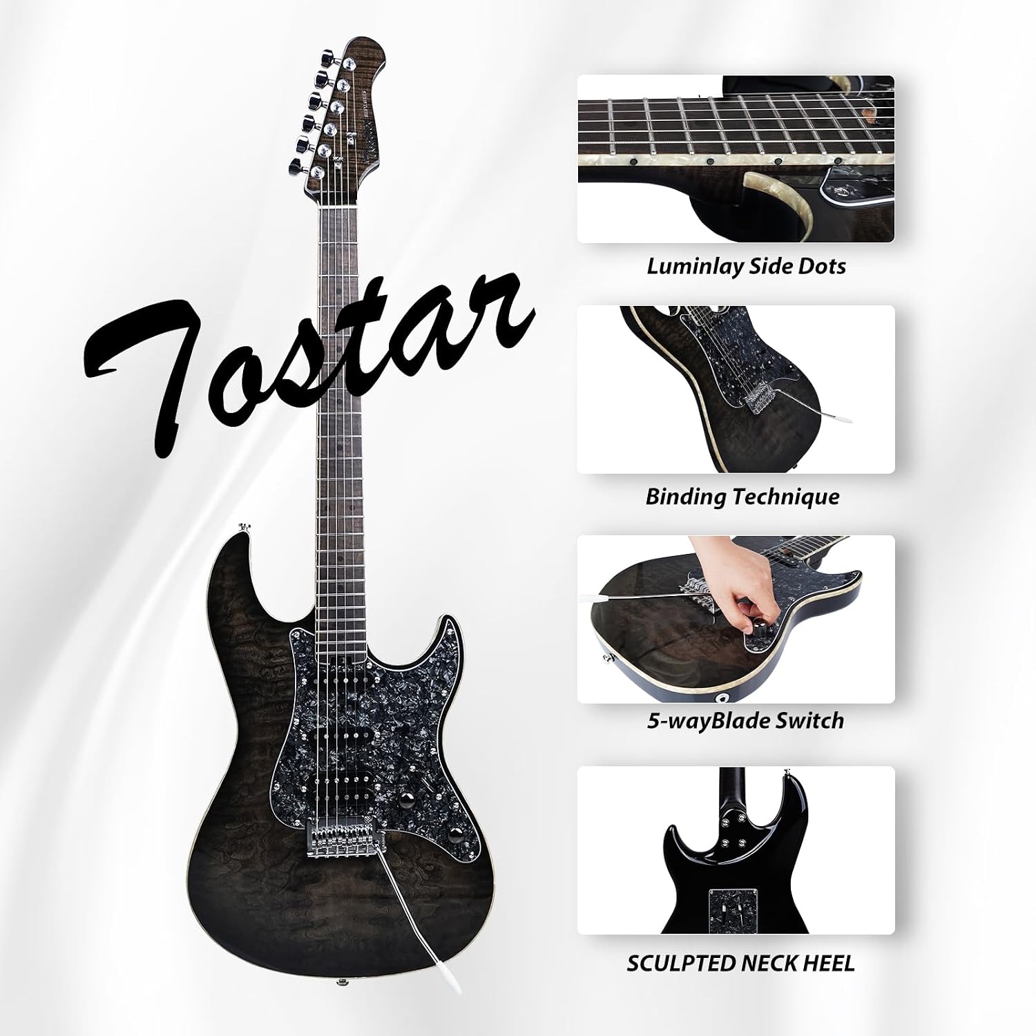 TOSTAR 39inch Telecaster Solid Body Electric Guitar for Adults Professional Player,Full Size 6 string, 2-Point Tremolo, Right Handed, Roasted Canadian Flamed Maple, Glossy Finish