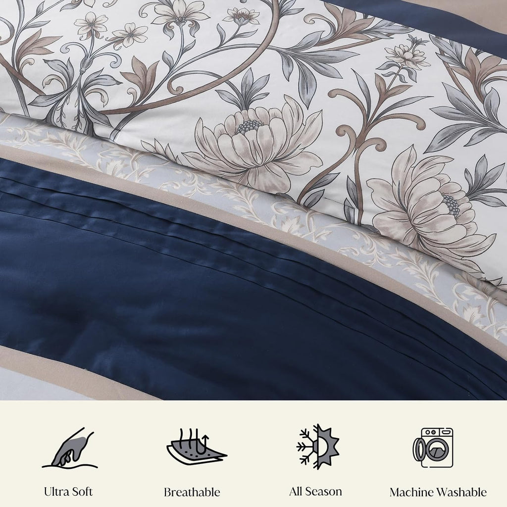 CozyDH 7-Piece Vintage Vine Floral Comforter Set, Navy Beige, Queen - 300TC Cotton Luxury Farmhouse Pleated Design, All-Season Down Alternative Bedding with Bedskirt, Shams, Decor Pillows, 90x90 in