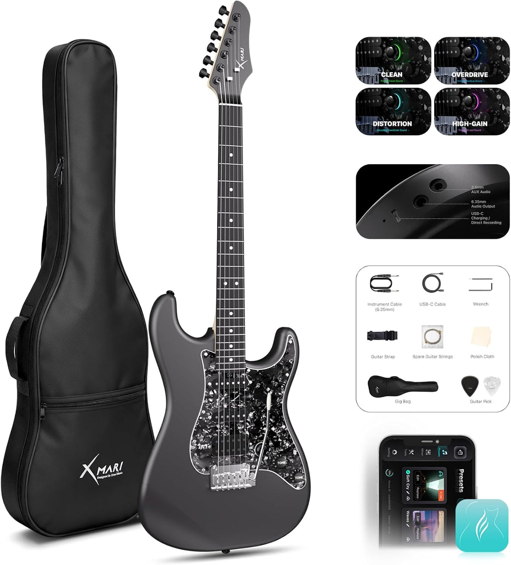Enya XMARI 39' Smart Electric Guitar with Built-in DSP Effects, 4 Presets, USB-C OTG Recording, Headphone Output, Custom Ceramic Pickups, Carbon Fiber Body, with Gig Bag, Strap, Cable & Picks