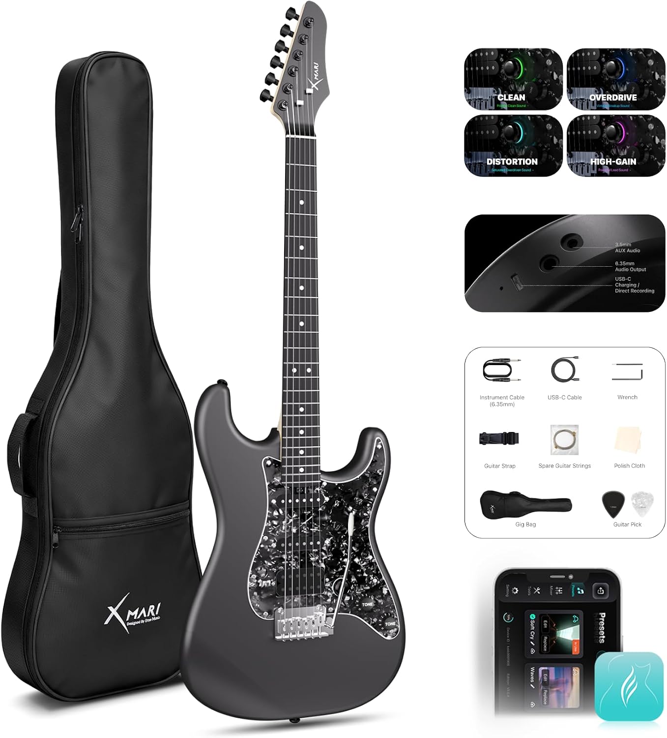Enya XMARI 39' Smart Electric Guitar with Built-in DSP Effects, 4 Presets, USB-C OTG Recording, Headphone Output, Custom Ceramic Pickups, Carbon Fiber Body, with Gig Bag, Strap, Cable & Picks