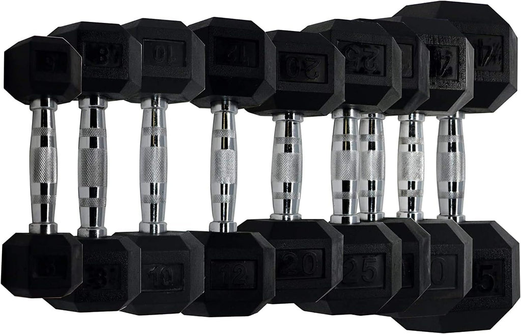 Apollo Athletics 1-Piece Rubber Coated Solid Cast Iron Dumbbell with Contoured Chrome Handle, Hexagon Head,