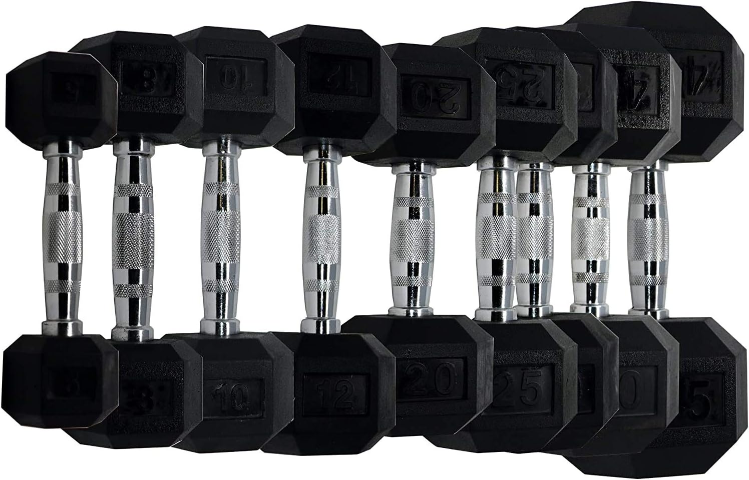 Apollo Athletics 1-Piece Rubber Coated Solid Cast Iron Dumbbell with Contoured Chrome Handle, Hexagon Head,