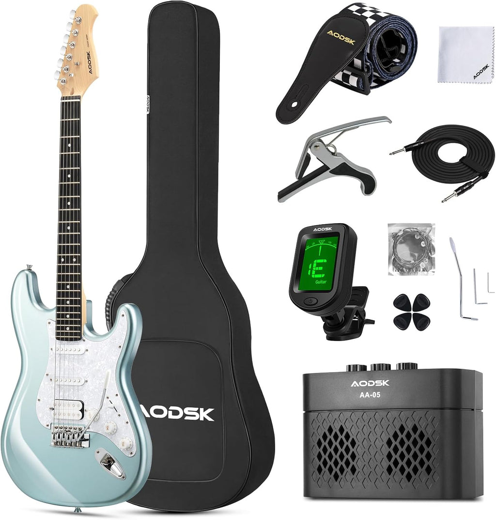 AODSK Electric Guitar, 39' Beginner Electric Guitar Kit, Matte Finish, HSS Pickups, Guitar Starter Kit with AMP, Includes Digital Tuner, Strings, Pick, Vibrato Bar, Capo, Strap, Gig Bag, Blue