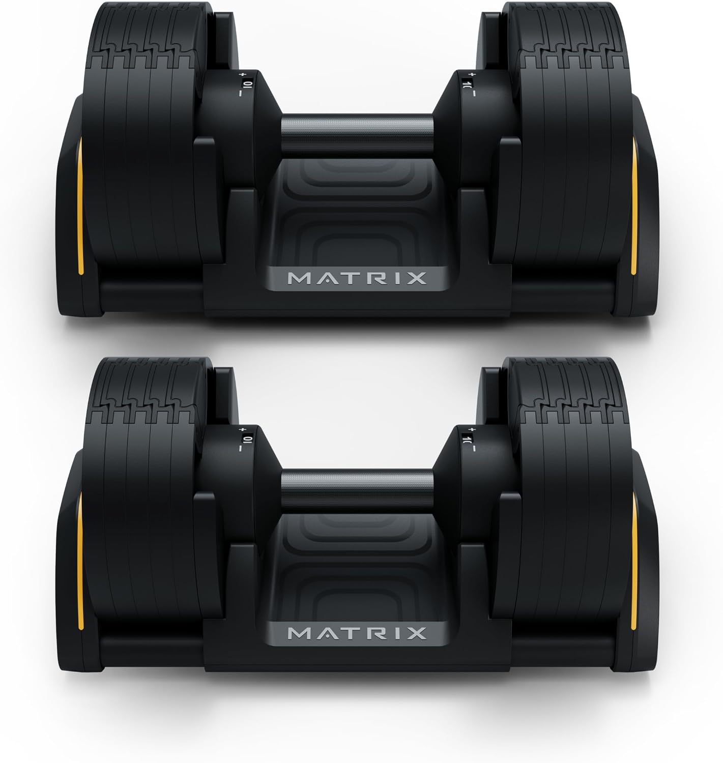 Matrix Fitness DB50 50 lb. Adjustable Dumbbells | Quick Adjustments for Strength and HIIT Training | Replaces 10 Dumbbell Pairs, Flat Bottom Roll Free Design for Safe Storage