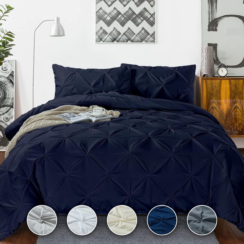 Luxuriate Hotel 1000-TC Hypoallergenic Ultra Soft 100% Egyptian Cotton 98x120' inch Over Size Super King Navy Blue Solid Pinch Plated Duvet Cover With Zipper Colser & 2pcs Pillow Case Set