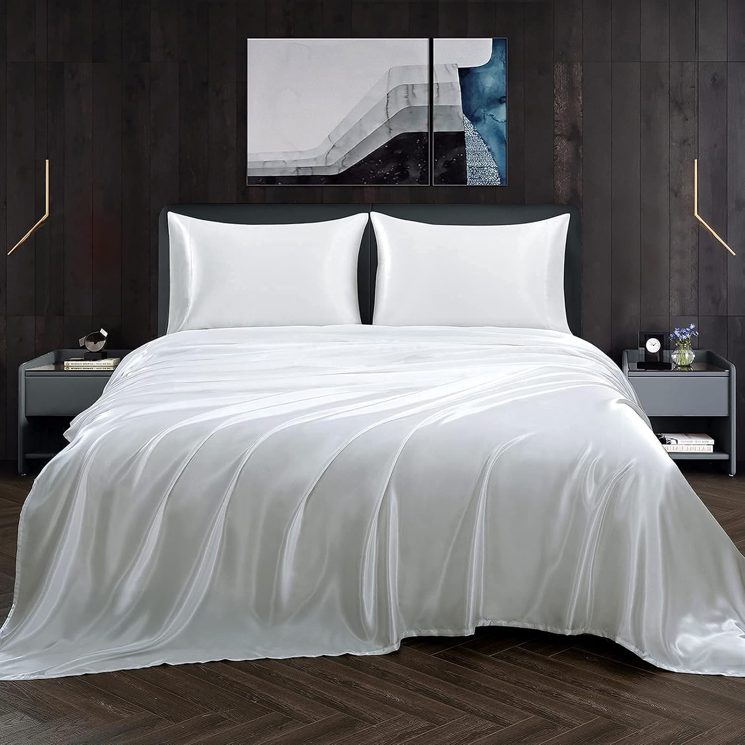 100% Mulberry Silk Sheet Set - 22 Momme Grade 6A, 16-18 Inch Deep Pocket, Luxurious Bed Sheets for Ultimate Comfort,Twin/Twin XL-Denim White