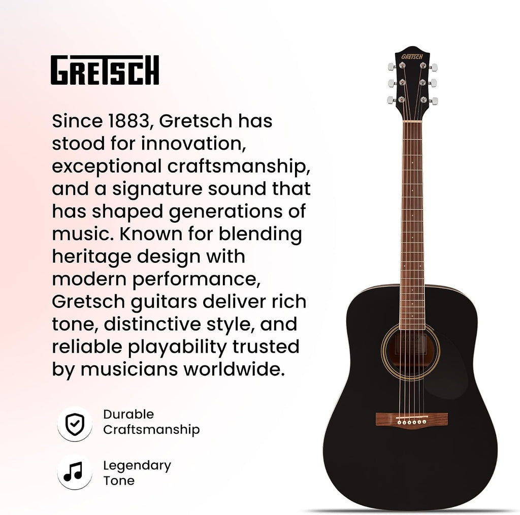 Gretsch Prelude D100 Dreadnought Acoustic Guitar - Black Bundle with Gig Bag, Strap, Strings, String Winder, Picks, Austin Bazaar Instructional DVD, and Polishing Cloth