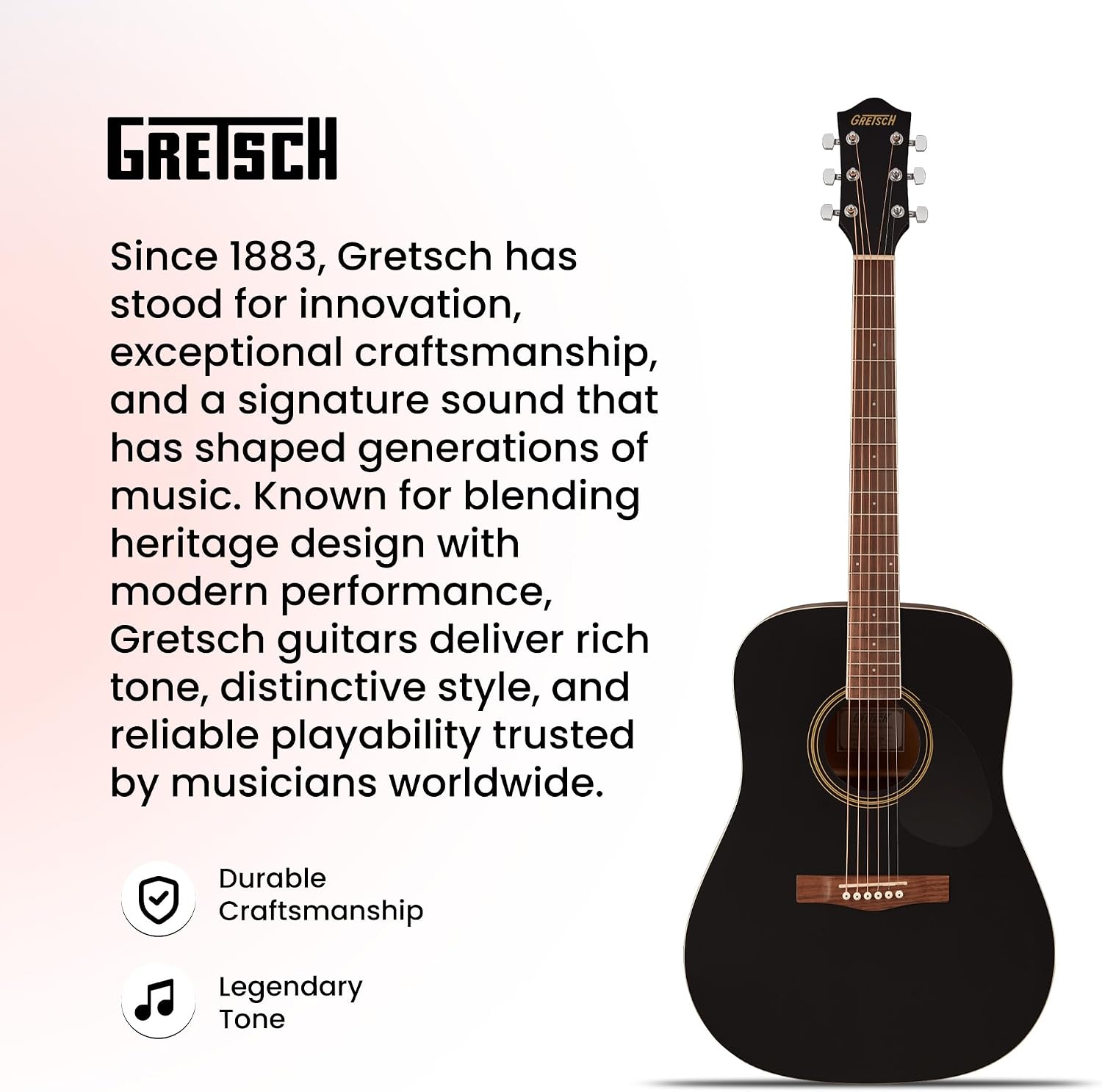 Gretsch Prelude D100 Dreadnought Acoustic Guitar - Black Bundle with Gig Bag, Strap, Strings, String Winder, Picks, Austin Bazaar Instructional DVD, and Polishing Cloth