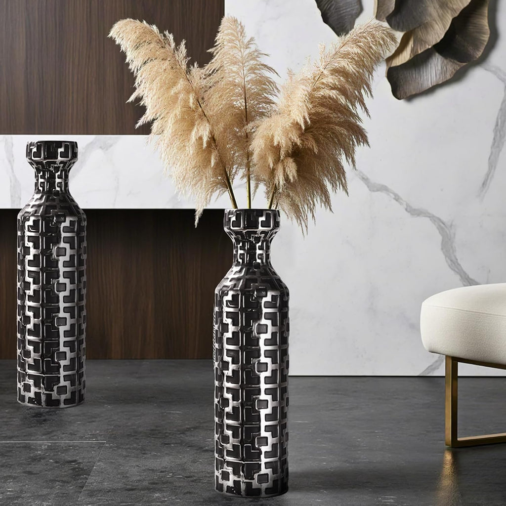 24.4 inch Tall Floor Vases Set of 2. Black Vase with Silver Geometric Patterns, Ceramics Modern Flower Vases for Living Room, Entryway, Indoor/Outdoor Decor, Large Vase for Home Decor