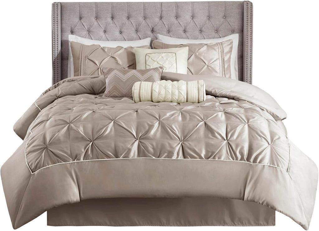 Madison Park Laurel Cozy Comforter Set - Traditional Tufted Faux Silk Design, All Season Down Alternative Bedding with Matching Shams, Decorative Pillow, Taupe King(104'x92') 7 Piece