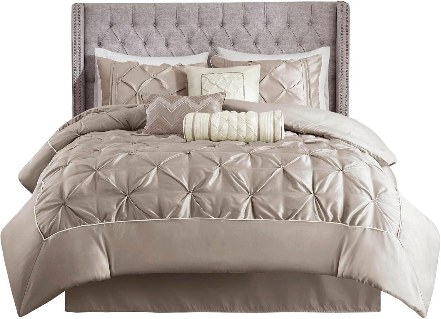 Madison Park Laurel Cozy Comforter Set - Traditional Tufted Faux Silk Design, All Season Down Alternative Bedding with Matching Shams, Decorative Pillow, Taupe Cal King(104'x92') 7 Piece