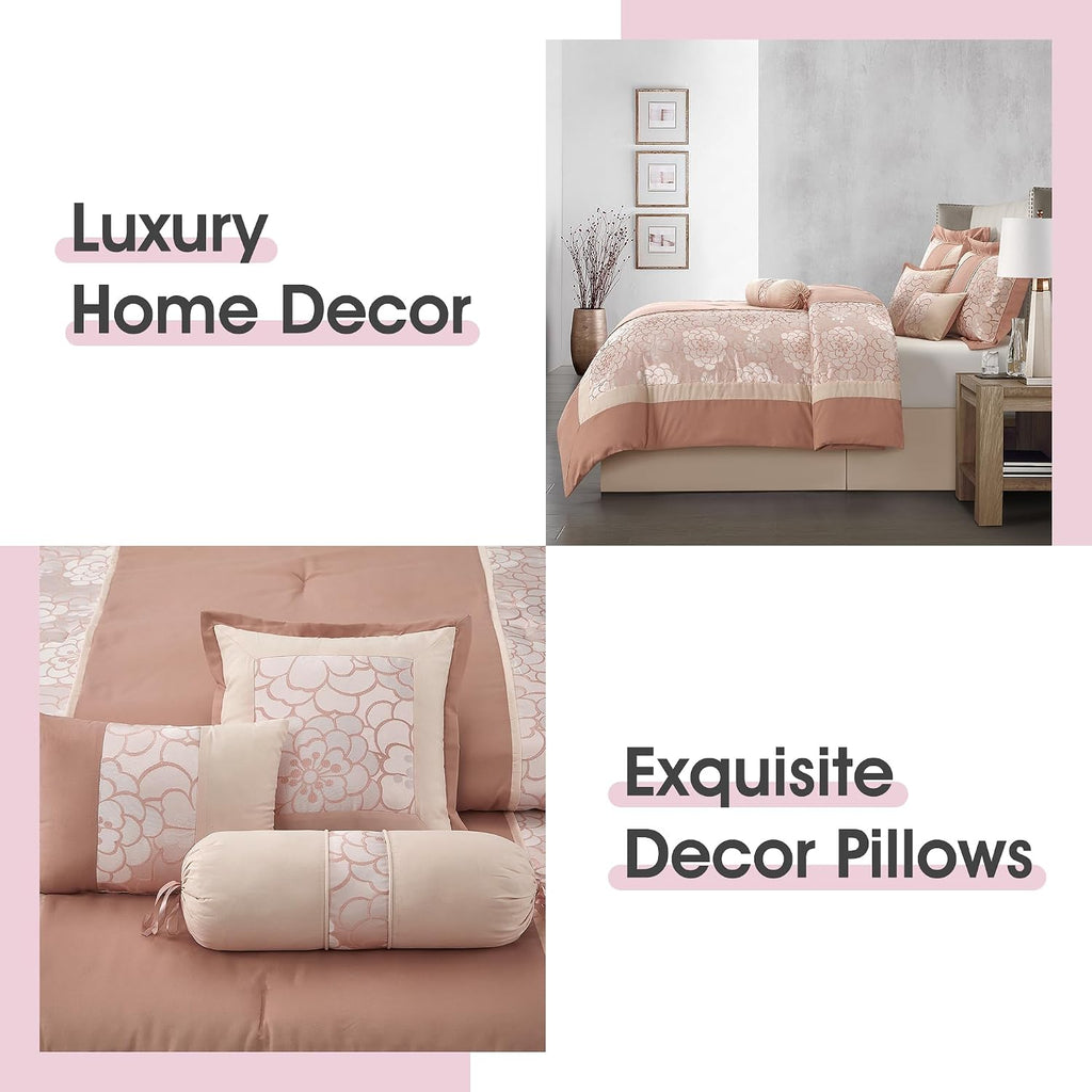LANCO MODERN LIFESTYLE 7 Piece King Size Comforter Set, Blush, Elegant Floral Jacquard, Stylish and Cozy Bedding Collection, Premium Bedding Set with Bedskirt, Shams and Pillows