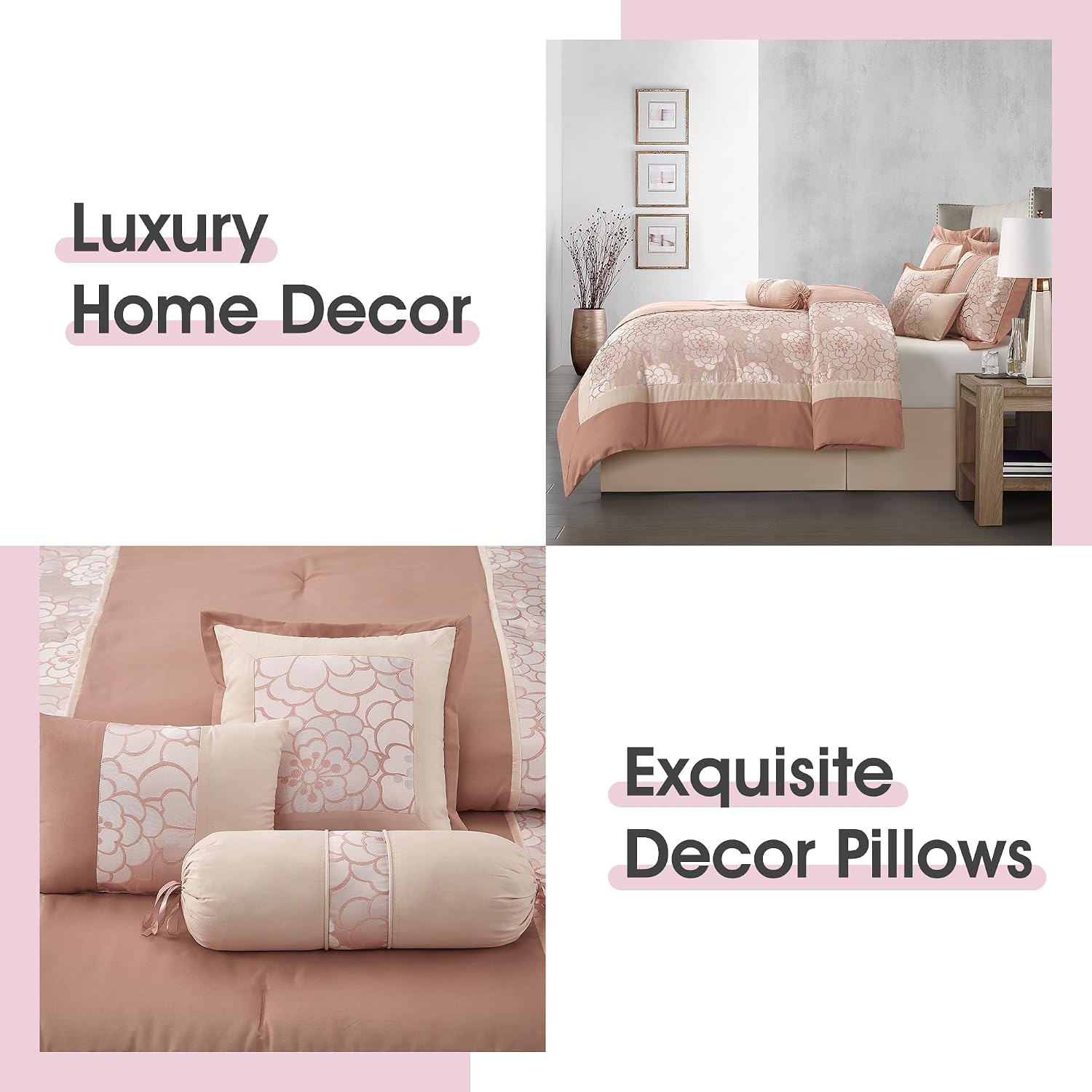 LANCO MODERN LIFESTYLE 7 Piece King Size Comforter Set, Blush, Elegant Floral Jacquard, Stylish and Cozy Bedding Collection, Premium Bedding Set with Bedskirt, Shams and Pillows