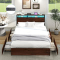 Kiivakii Queen Size Bed Frame with 4 Storage Drawers, LED Platform Bed with Headboard, Built in Charging Station, Noise-Free, Metal Support Base, No Box Spring Needed, Red Brown