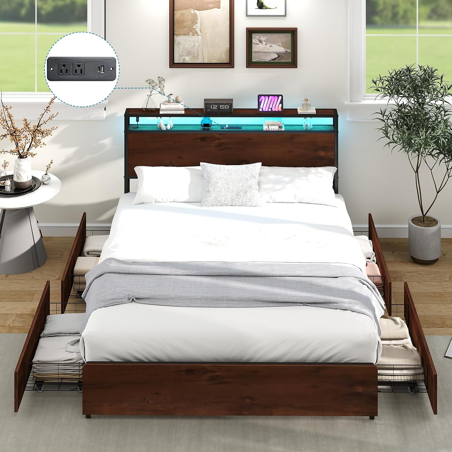 Kiivakii Queen Size Bed Frame with 4 Storage Drawers, LED Platform Bed with Headboard, Built in Charging Station, Noise-Free, Metal Support Base, No Box Spring Needed, Red Brown