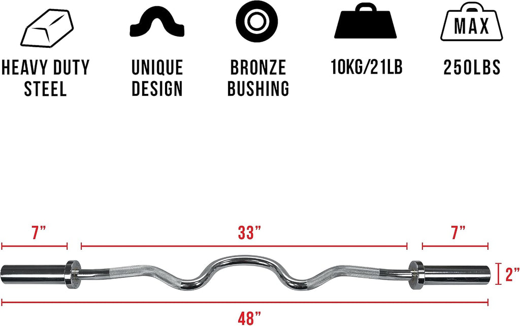 Valor Fitness Olympic Curl Bar – Ergonomic EZ and Super Curl Barbell for Biceps, Triceps, and Arm Workouts – 28mm Grip, 250 lb Capacity, Fits 2' Weight Plates