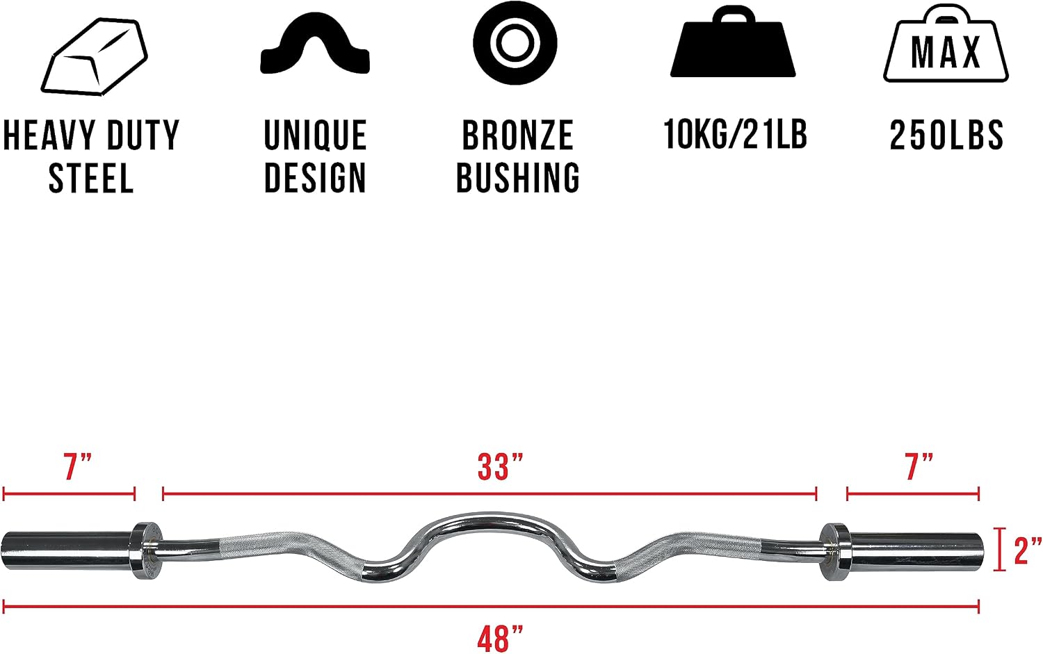 Valor Fitness Olympic Curl Bar – Ergonomic EZ and Super Curl Barbell for Biceps, Triceps, and Arm Workouts – 28mm Grip, 250 lb Capacity, Fits 2' Weight Plates