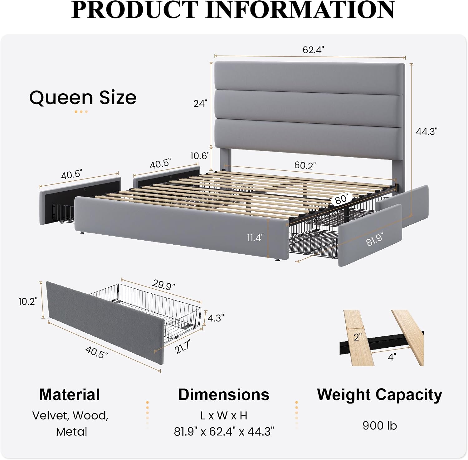 SHA CERLIN Queen Size Platform Bed Frame with 4 Storage Drawers, Velvet Upholstered Headboard, Mattress Foundation with Wooden Slats Support, No Box Spring Needed, Easy Assembly, Grey