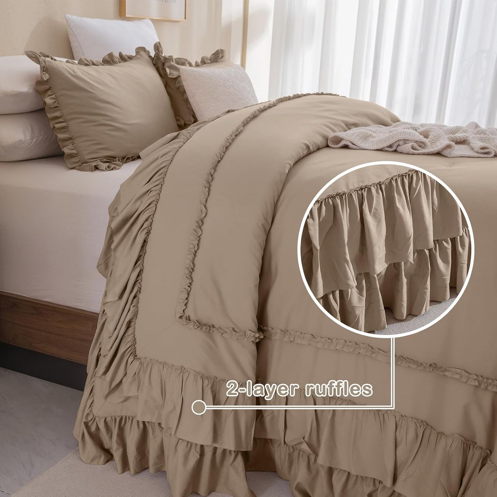 Masaca Oversized King Comforter 120x120,3 Pieces Farmhouse Ruffle Bedding Comforter,Light Taupe Shabby Boho Chic Oversized Comforter King Size,Lightweight Soft Microfiber Cal King Bedding Set