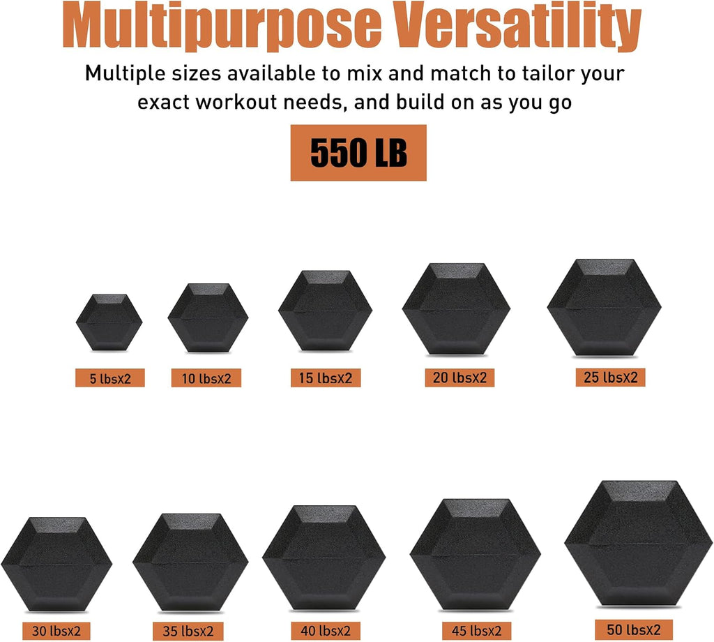 Ritafer Hex Weight Dumbbell Set with Rack -350lbs/450lbs/550lbs Hand Weights for Strength Training (10-50 lbs) Rubber Iron Coated Dumbbells, Exercise & Fitness Equipment for Muscle Strength Training