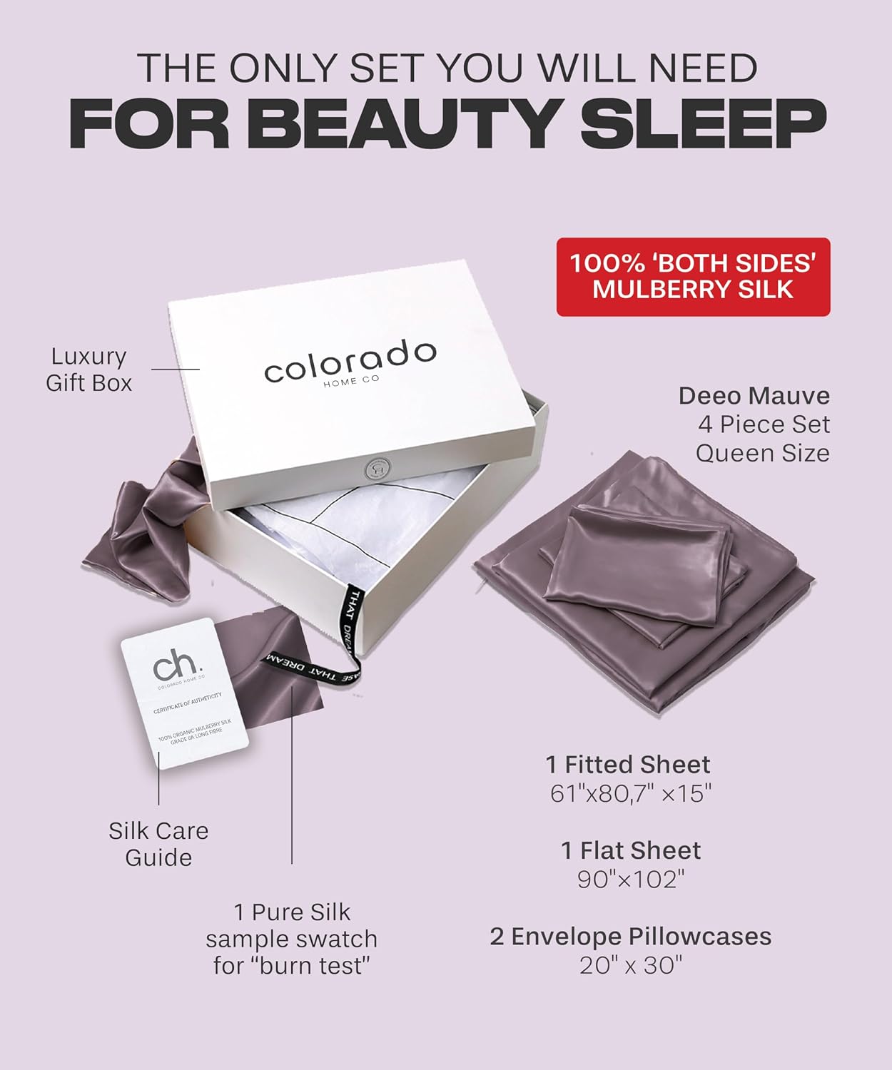 Colorado Home Co SUNDAYSILKS | Mulberry Silk Bed Sheets | 4PC Queen Set | Natural Bedding | Soft & Durable | Grade 6A Organic Real Silk [Deep Mauve]