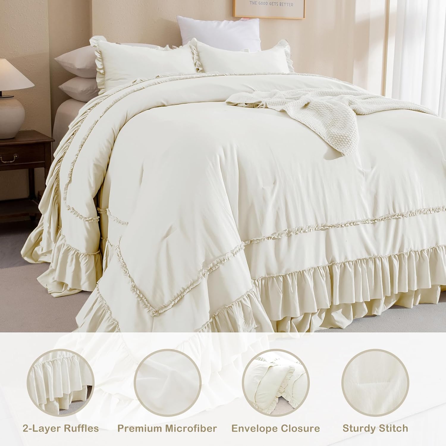 Masaca Oversized King Comforter 120x120,Farmhouse Shabby Boho Chic Ruffle California King Comforter Set French Country Rustic Bedding 3PCS (1 Ivory Ruffled Comforter+2 Pillow Shams)