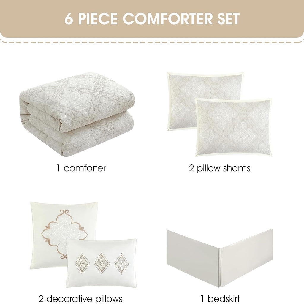 Grand Avenue 6 Piece Cotton White Comforter Set, Queen Size Jacquard Bedding Set, All Season Geometric Bedding, Matching Pillows, Shams, Bed Skirt