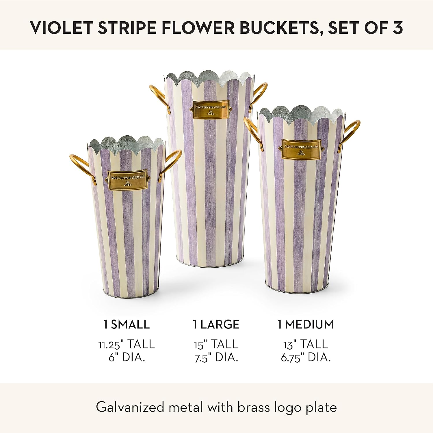 MACKENZIE-CHILDS Set of 3 Galvanized Flower Buckets, Decorative Metal Buckets, Purple-and-White Violet Stripe