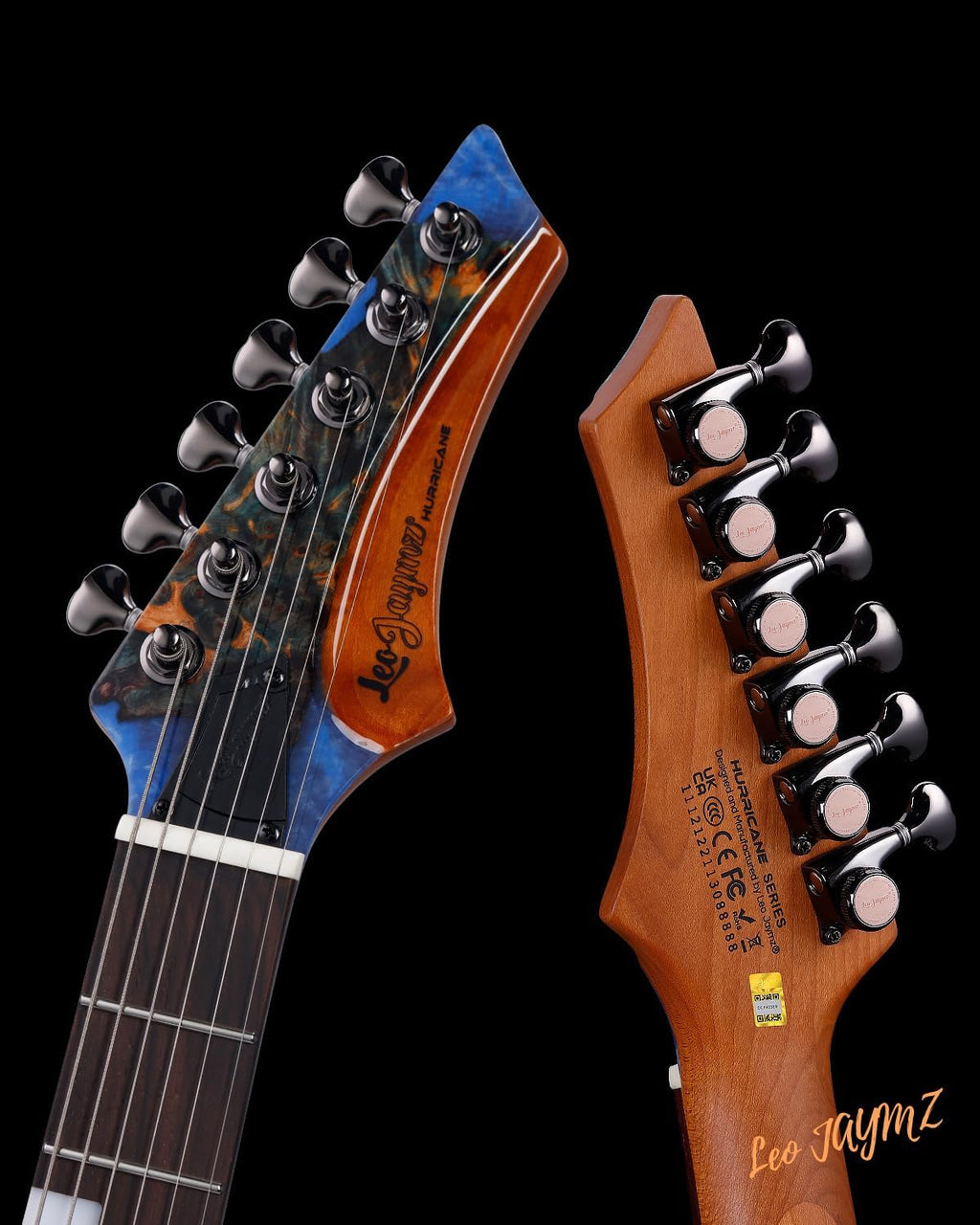 Leo Jaymz Electric Guitar Hurricane Deluxe Series, Burl Top, Mahogany Body, Roasted Maple Neck, Rosewood Fretboard, Locking Tuners, Rounded Frets, Case(Blue Colorful Deluxe)