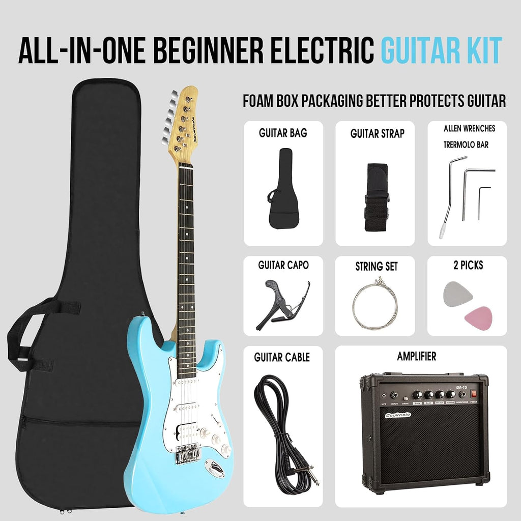 Soulmate 39 Inch Electric Guitar Kit for Beginner Solid Body HSS Full Size Starter Electric Guitar with Amplifier, Bag, Capo, Strap, String,Cable, Picks, Blue