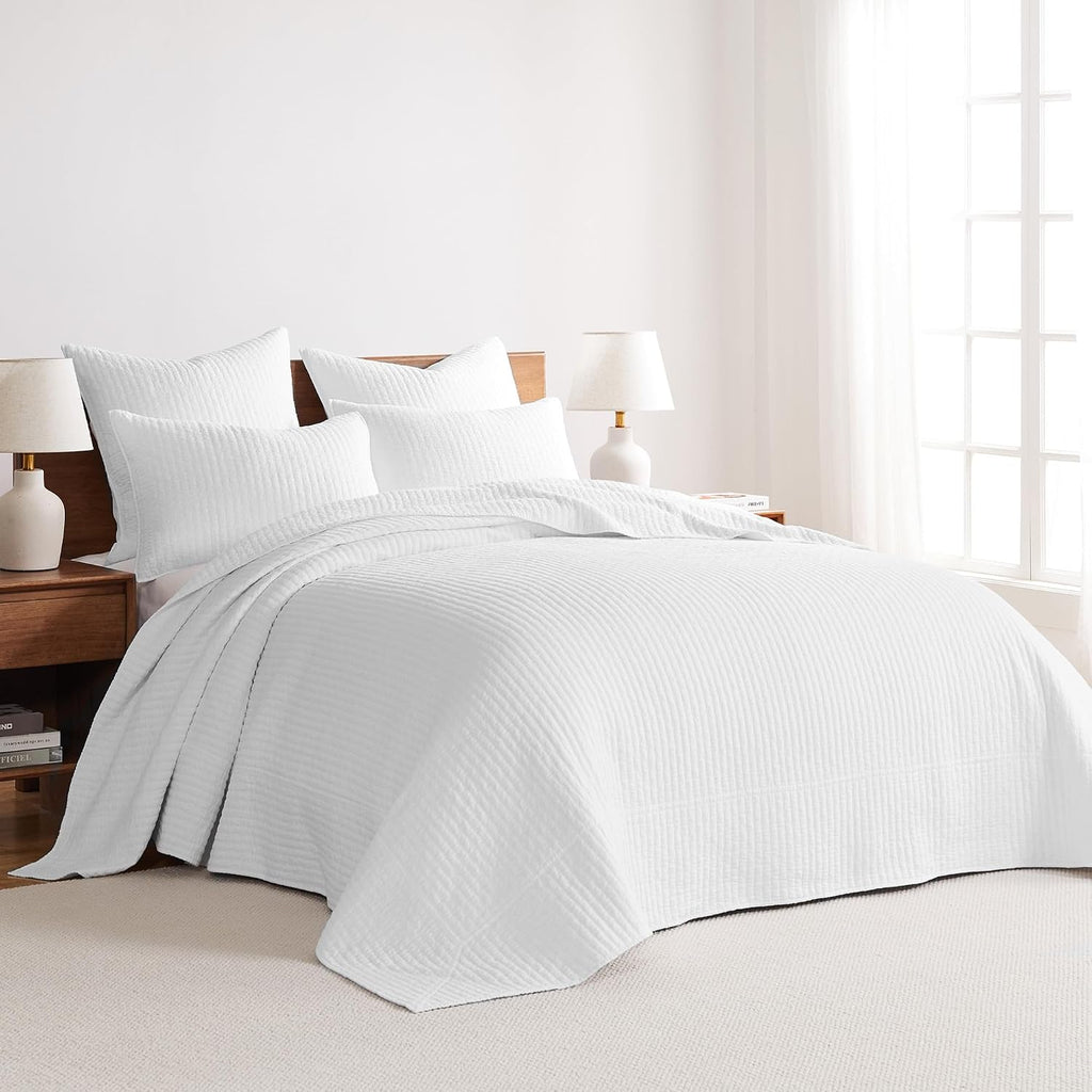 Levtex Home Cross Stitch Reversible Queen Bedspread Set (104x106in) with 2 Pillow Shams (26x20in) - Stitch Texture - Bright White - Cotton Queen Size Bedspread Set - Lightweight, Soft, Pre-Washed