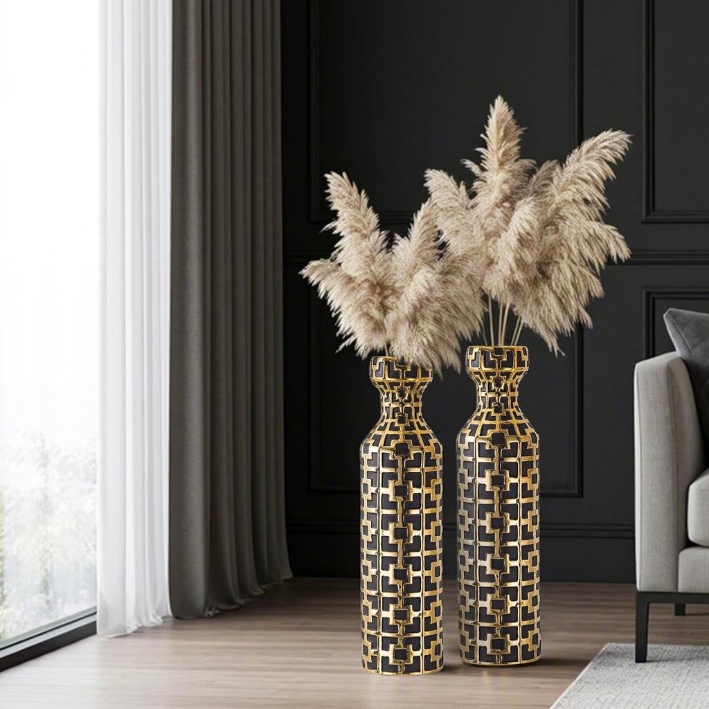 Pair of 24.4' Tall Ceramic Cylinder Vases with Geometric Gold Accents, Large Flower Vase, Decorative Vase - Modern Black & Gold Floor Vases for Living Room, Entryway Decor (Set of 2)