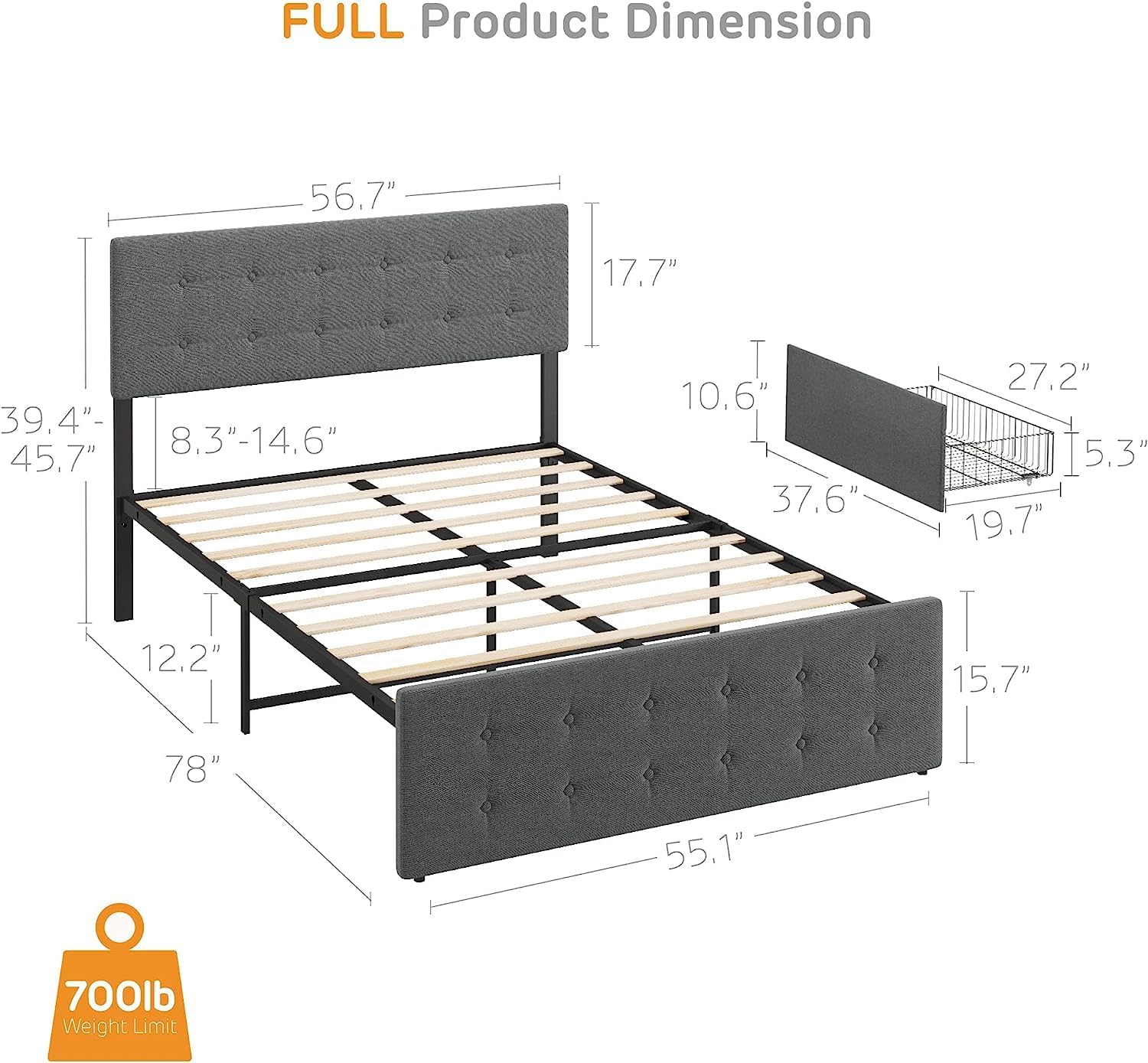 GAOMON Full Size Bed Frame with 4 Drawers Storage and Headboard, Tufted Upholstered Full Platform Bed Frame Mattress Foundation with Wood Slat Support, No Box Spring Needed, Noise-Free (Full)