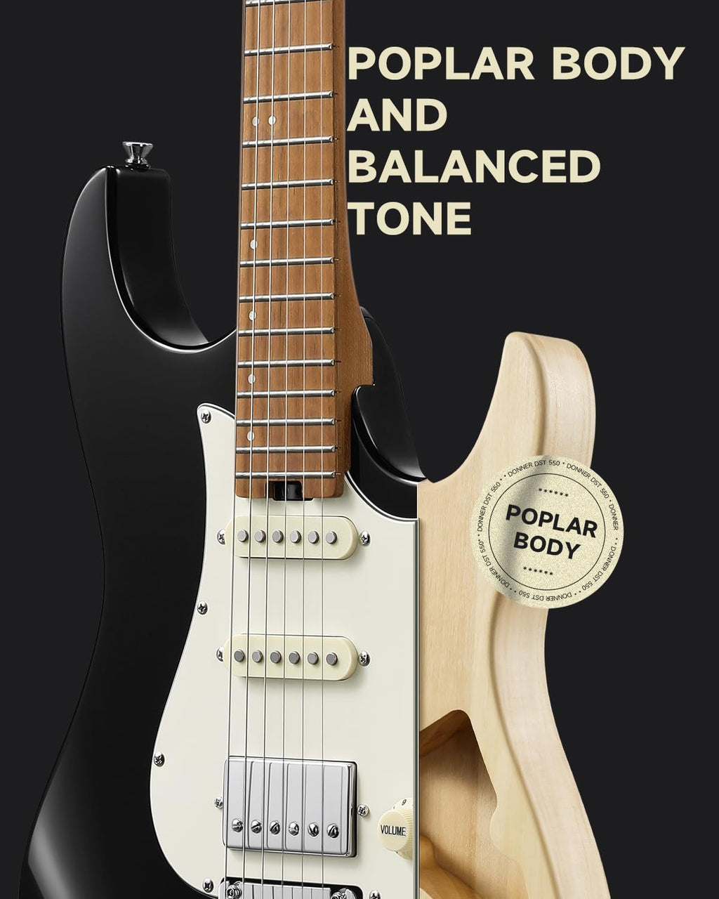 Donner 39 Inch Electric Guitar, DST-550 Solid Double-cut Poplar Body Electric Guitar for Intermediate & Pro Players, 7 Tone-switching Options & Tremolo Bridge, Bonus Bag- Black