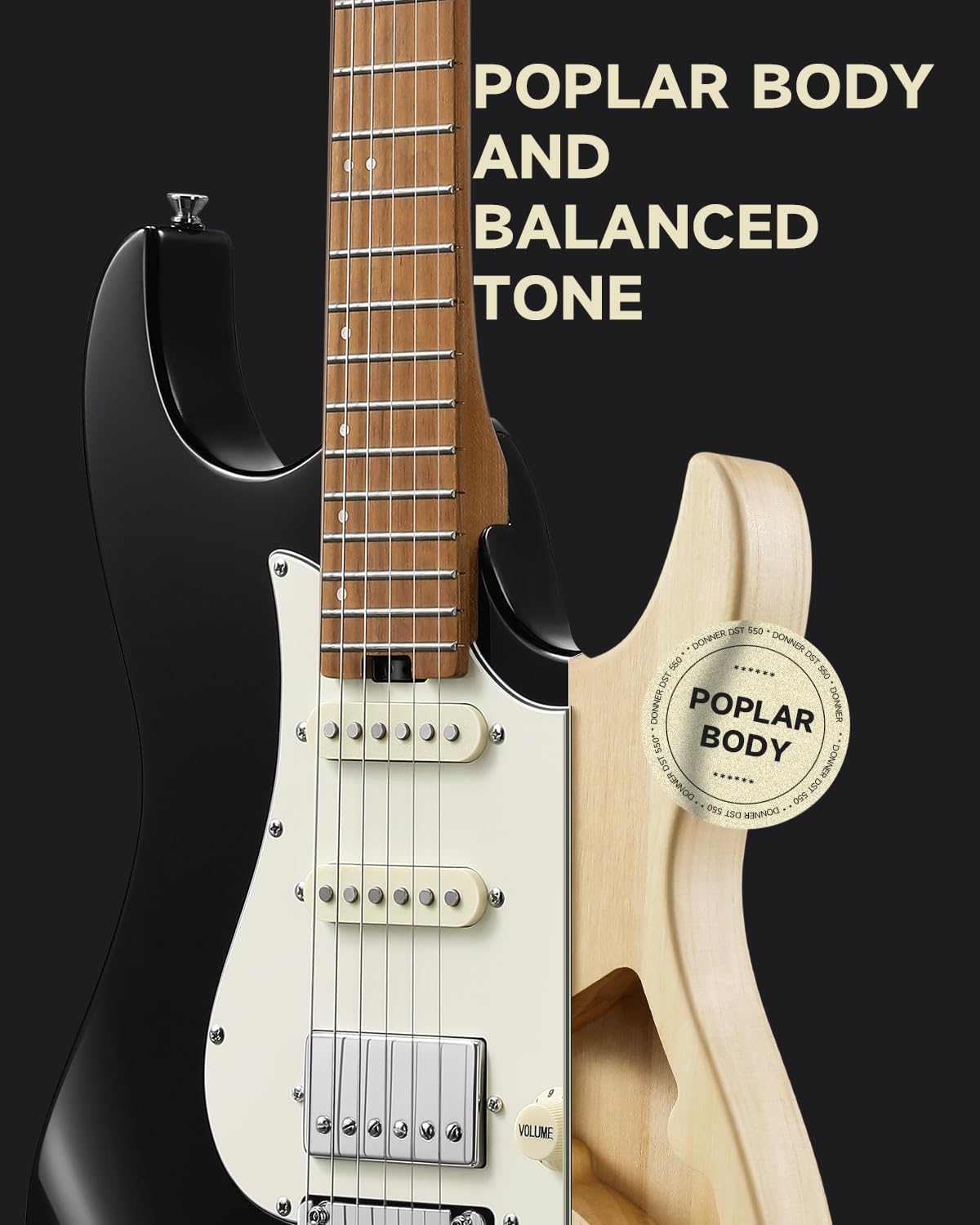Donner 39 Inch Electric Guitar, DST-550 Solid Double-cut Poplar Body Electric Guitar for Intermediate & Pro Players, 7 Tone-switching Options & Tremolo Bridge, Bonus Bag- Black