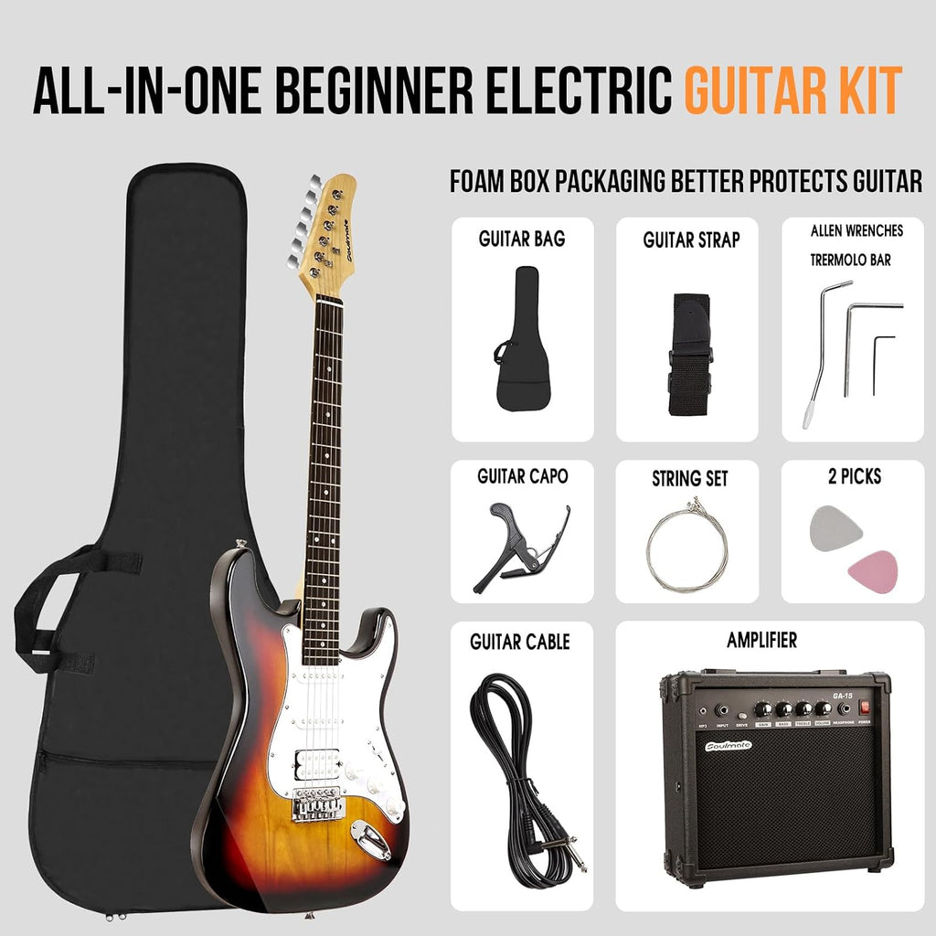 Soulmate Electric Guitar Kit for Beginner 39' HSS Pick Up Solid Body Full Size Electric Guitar for Starter with Amplifier, Bag, Capo, Strap, String,Cable, Picks(Sunburst)