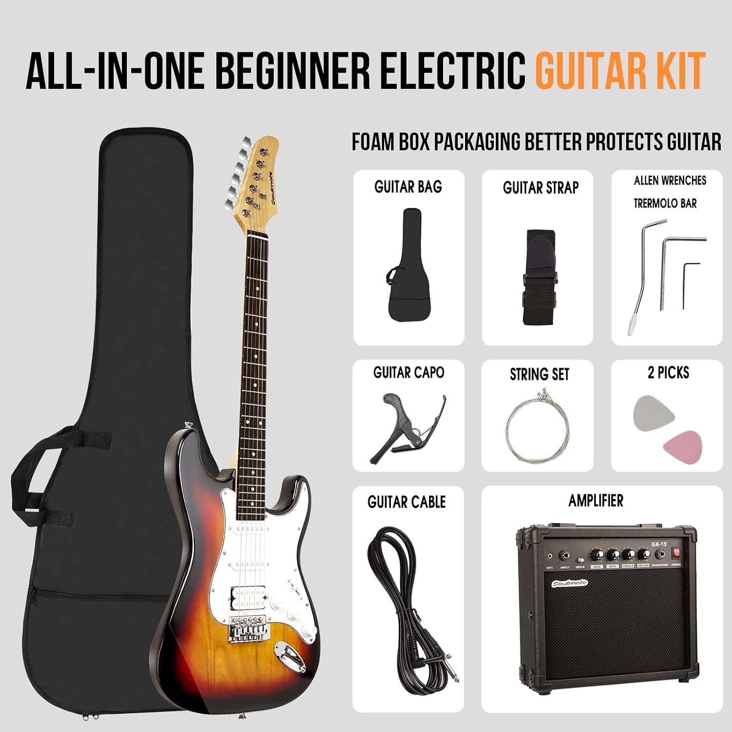 Soulmate Electric Guitar Kit for Beginner 39' HSS Pick Up Solid Body Full Size Electric Guitar for Starter with Amplifier, Bag, Capo, Strap, String,Cable, Picks(Sunburst)