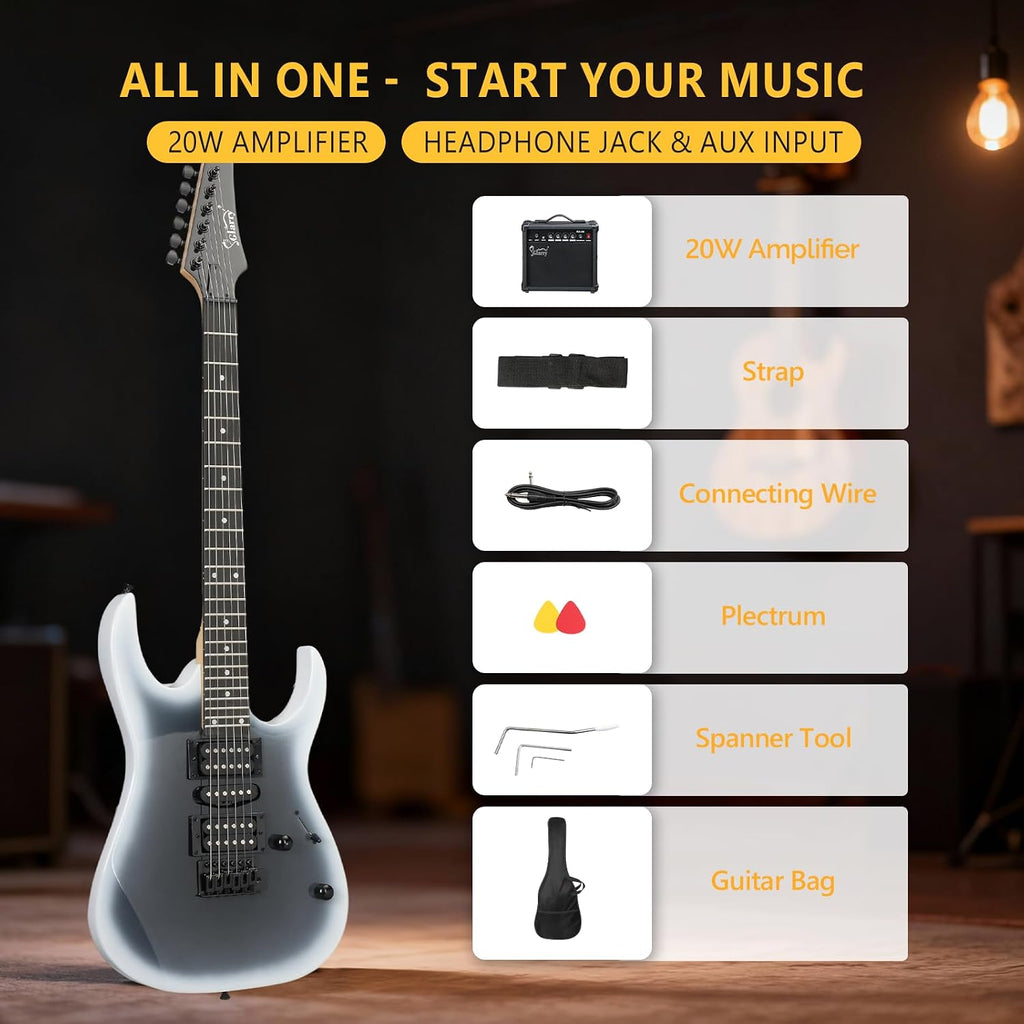 GLARRY 39' Full Size Electric Guitar Kit for Beginners, Starter Electric Guitar Set with 20W Amp & HSH Pickups, Model 170 (Black-White)