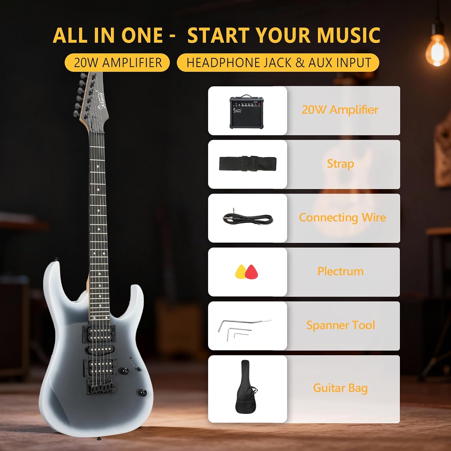 GLARRY 39' Full Size Electric Guitar Kit for Beginners, Starter Electric Guitar Set with 20W Amp & HSH Pickups, Model 170 (Black-White)