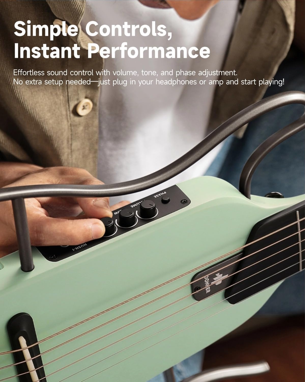 Donner HUSH-I Guitar For Travel, Portable Ultra-Light and Quiet Performance Headless Acoustic-Electric Guitar, Maple Body with Removable Frames, Gig Bag, and Accessories，Mint Green