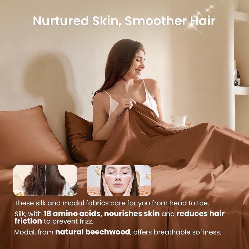 THXSILK Luxury Mulberry Silk Bed Sheets Set - 4pcs Silk Sheets Set 16' Deep Pocket - 1 Fitted Sheet, 1 Flat Sheet, 2 Pillowcases with Zipper Closure - Full, Brown