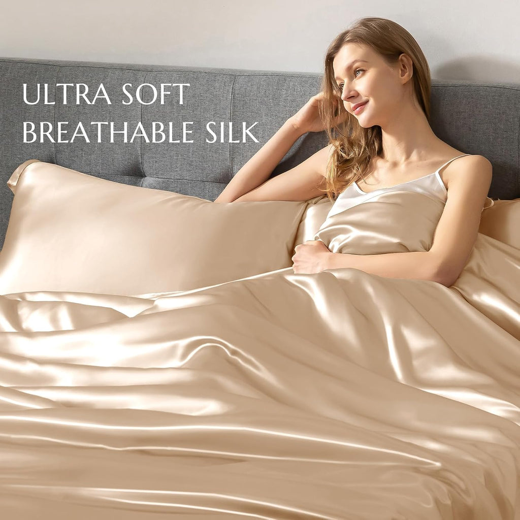 THXSILK 100% Silk Sheet Set, 7A+ Silk Sheet Set Soft Breathable, Luxury Bedding (1 Duvet Cover, 1 Fitted Sheet, 2 Pillow Shams), King, Champagne