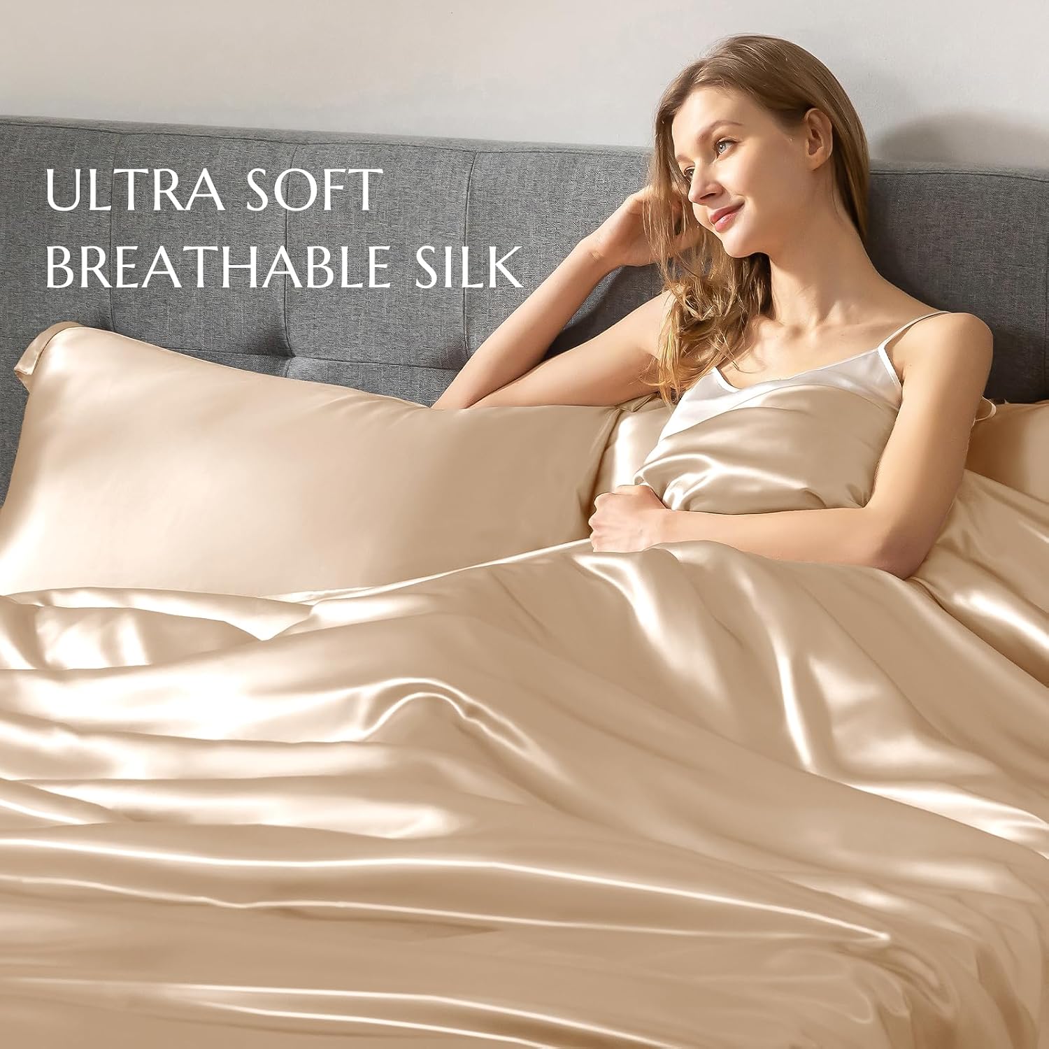 THXSILK 100% Silk Sheet Set, 7A+ Silk Sheet Set Soft Breathable, Luxury Bedding (1 Duvet Cover, 1 Fitted Sheet, 2 Pillow Shams), King, Champagne