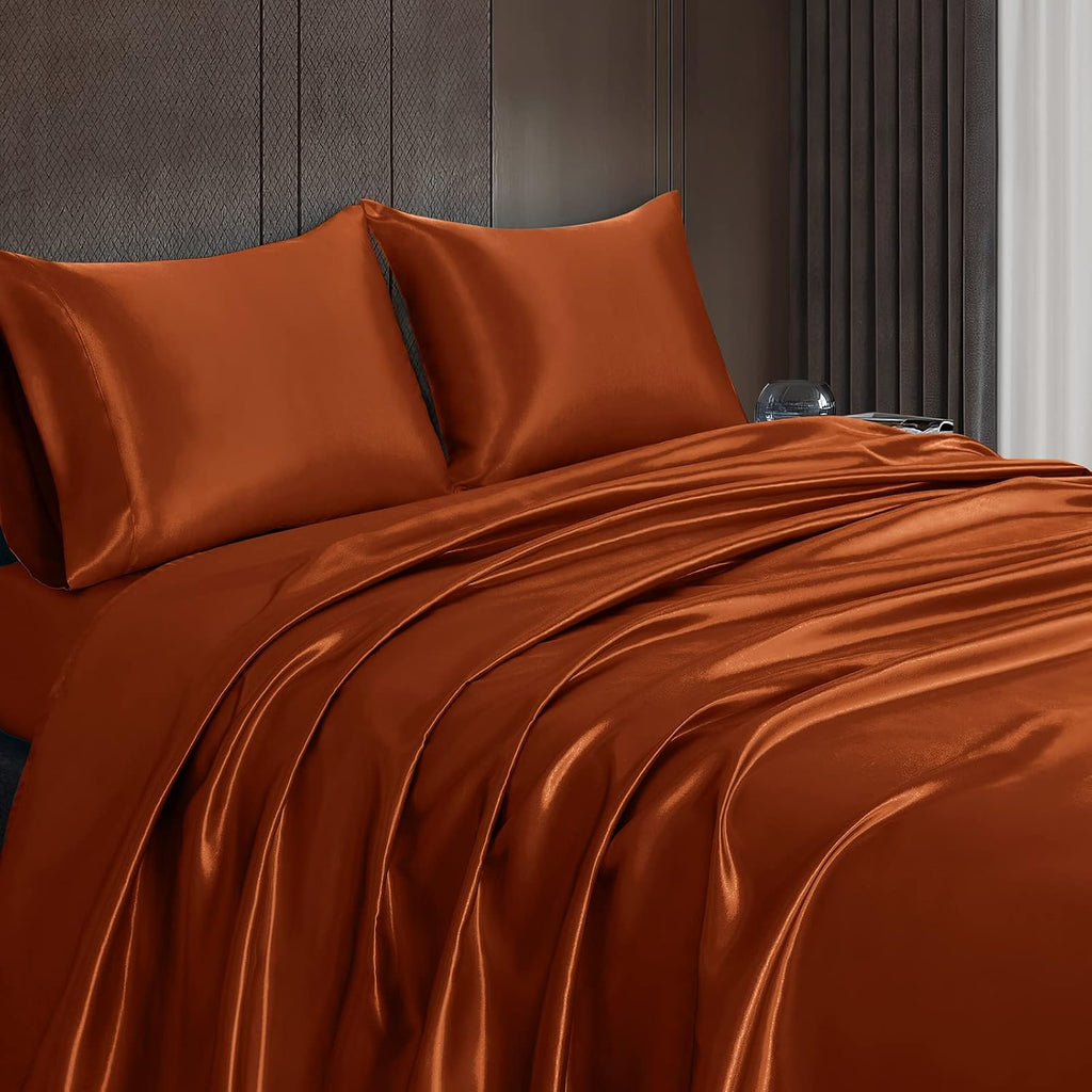 16 Momme 100% Mulberry Silk Bedding Set Full XL Size 4-Piece Luxury (2 Pillowcases, 1 Fitted Sheet, 1 Flat Sheet) - 6A Grade Natural Silk Fits 22-25' Deep Pocket (Solid, Burnt Orange)