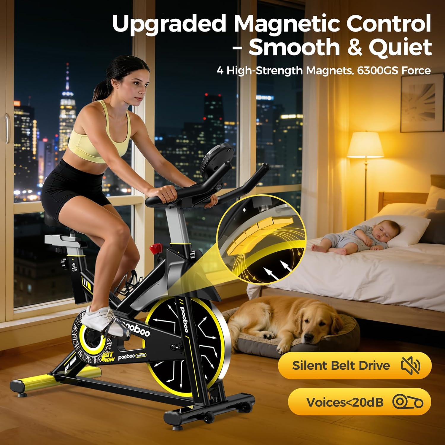 pooboo Exercise Bike,Stationary Bike with Exclusive App for Home,Magnetic Low Noise Indoor Cycling Bike with 350lbs Weight Capacity,Adjustable Seat,Tablet Mount and LCD Display for Weight Loss