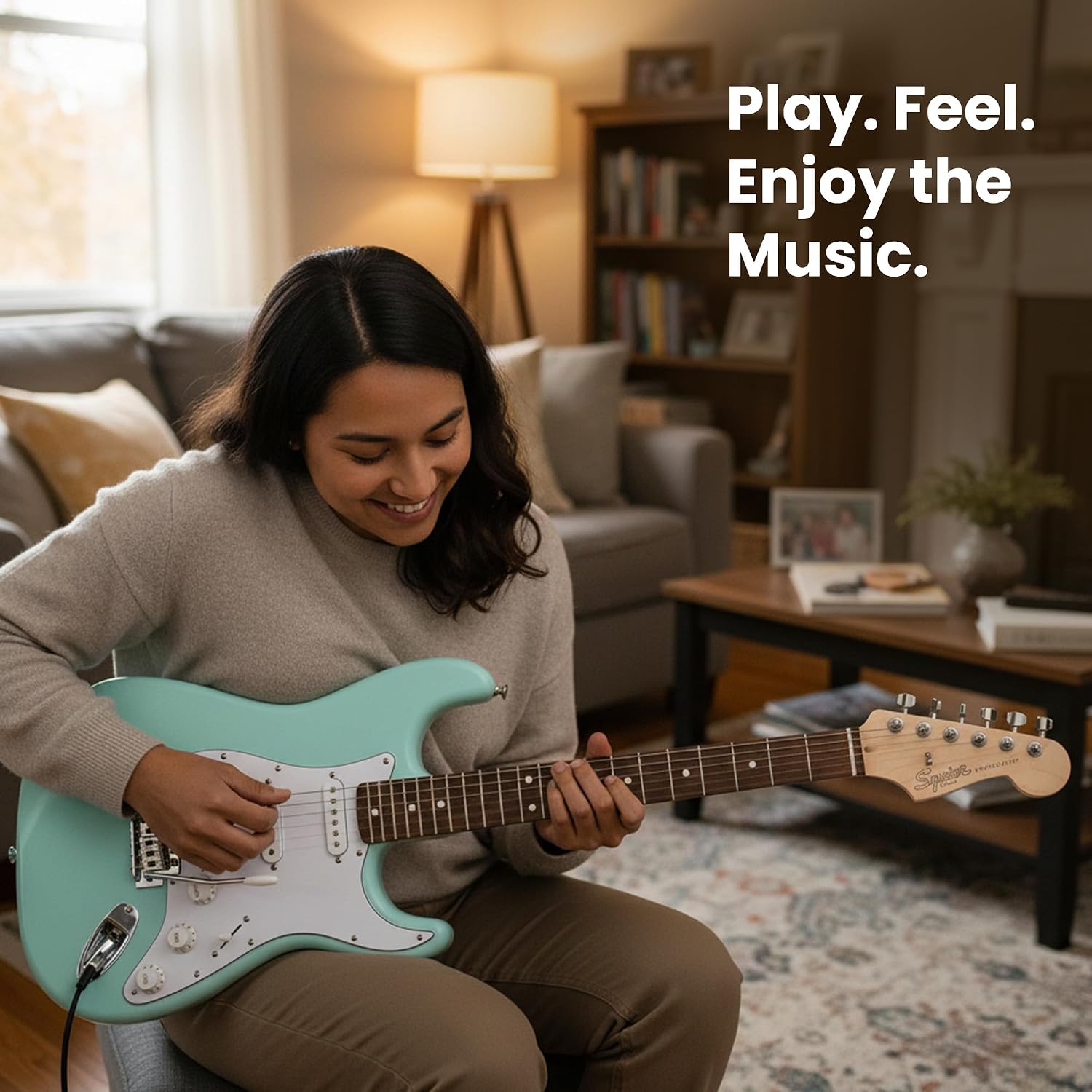 Fender Squier Stratocaster Electric Guitar - Daphne Blue Bundle with Amplifier, Gig Bag, Cable, Strap, Picks, and Austin Bazaar Instructional Video