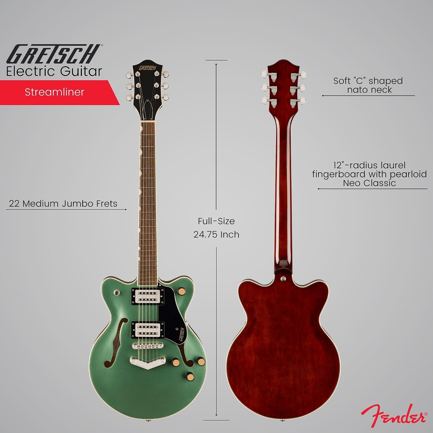 Gretsch G2655 Streamliner Center Block Jr. Electric Guitar with Maple Body (Steel Olive) Bundle