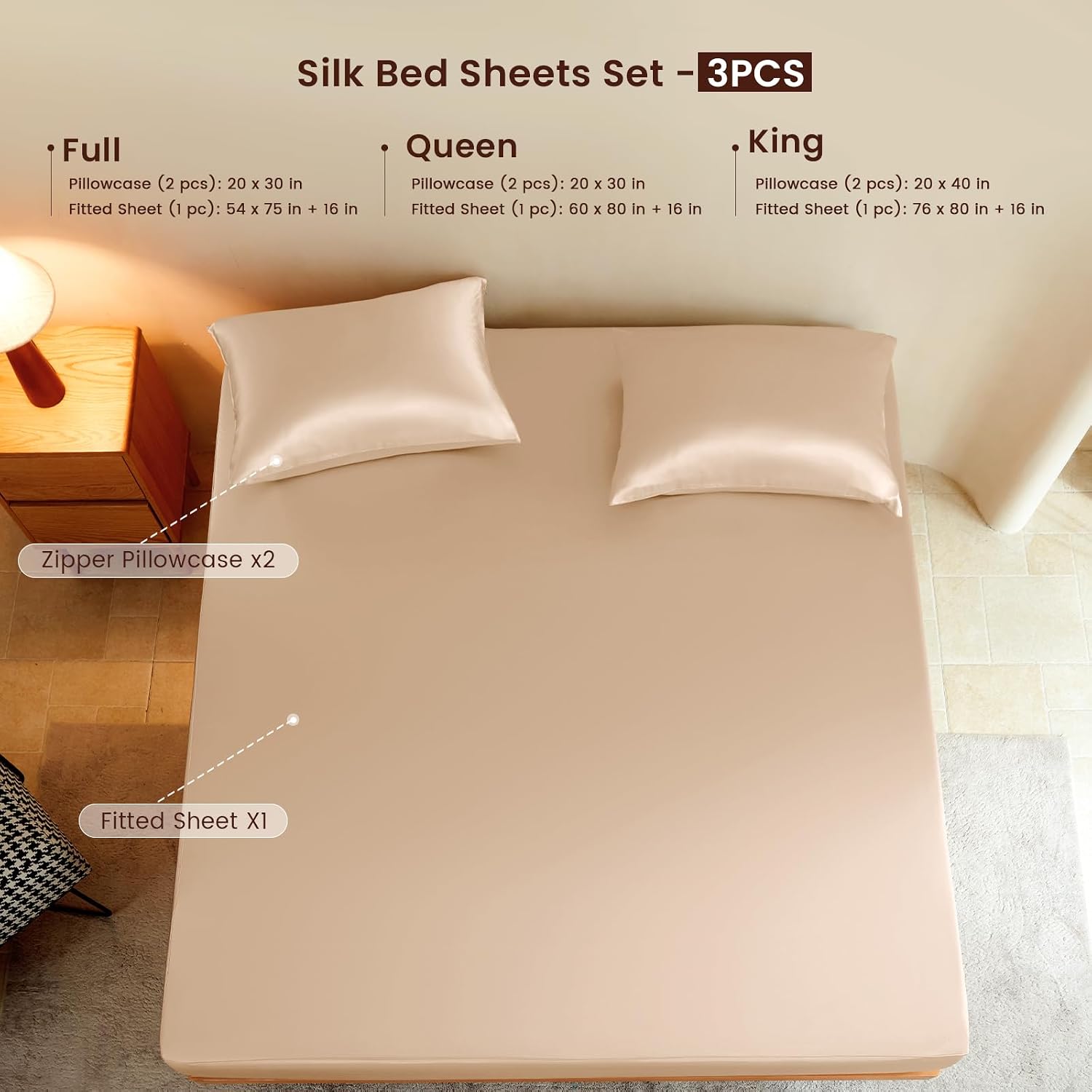 THXSILK Luxury Mulberry Silk Fitted Sheet Set 3 Pcs, King Silk Bed Sheet Set with 16' Deep Pockets, Soft & Cooling Sheets, 1 Fitted Sheet, 2 Pillowcases with Zipper Closure - Champagne